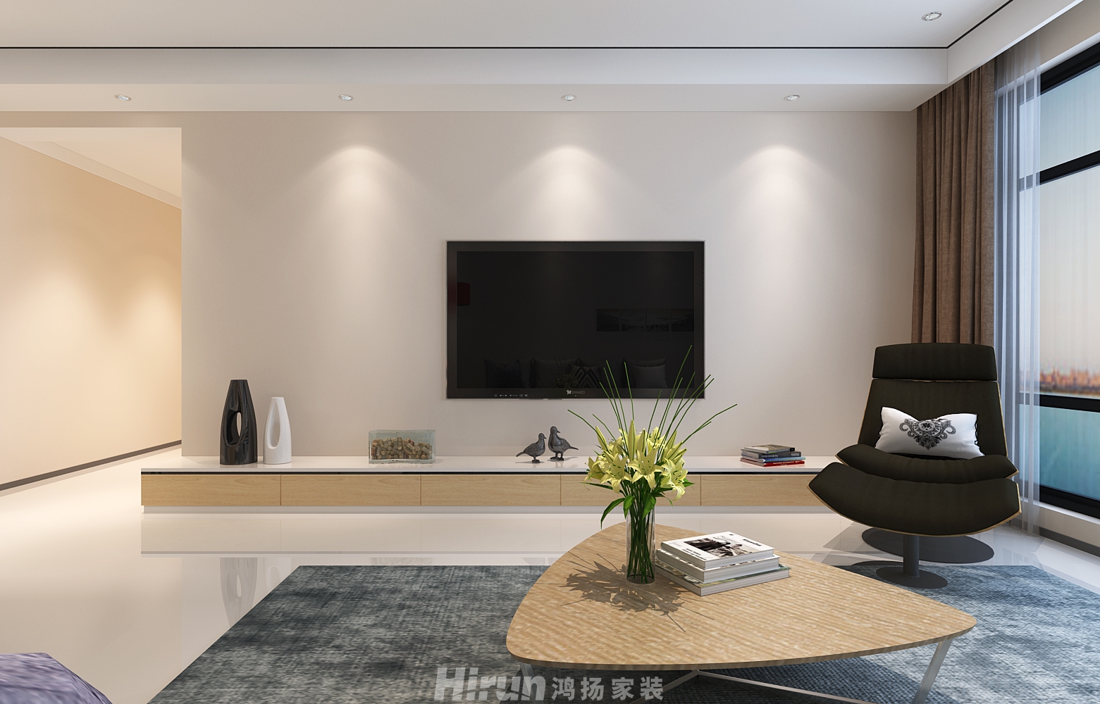 萬達(dá)湖公館120㎡極簡詫寂三居室 裝修案例效果圖-4